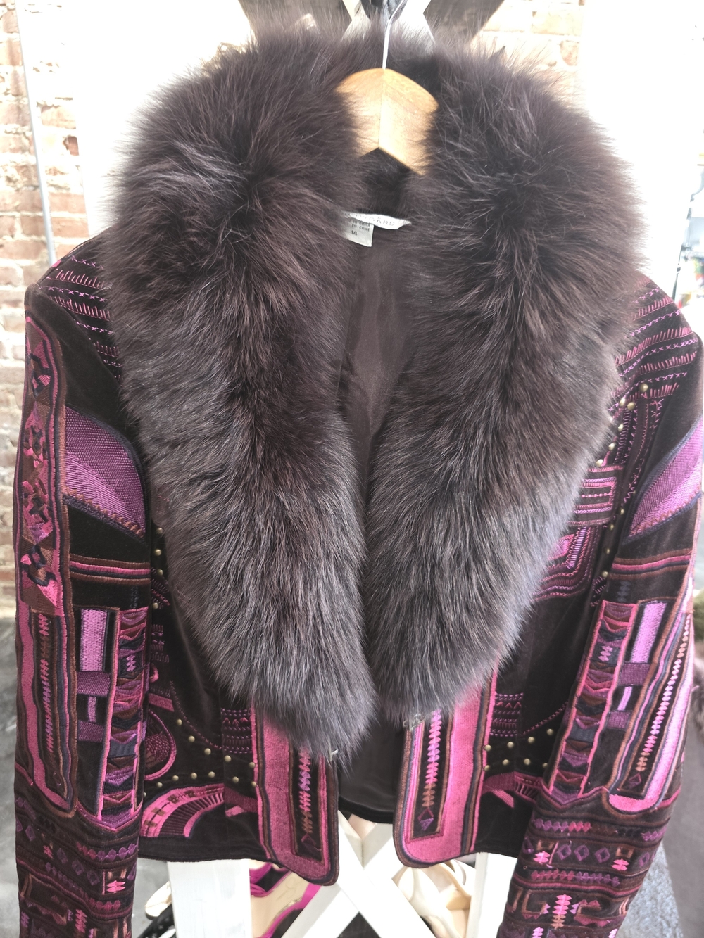 Purple Patterned Women's Coat with Removable Fur Collar